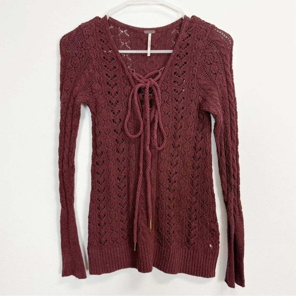 Free People Sweater Womens Small Maroon See Through Knit Lace Up Vneck